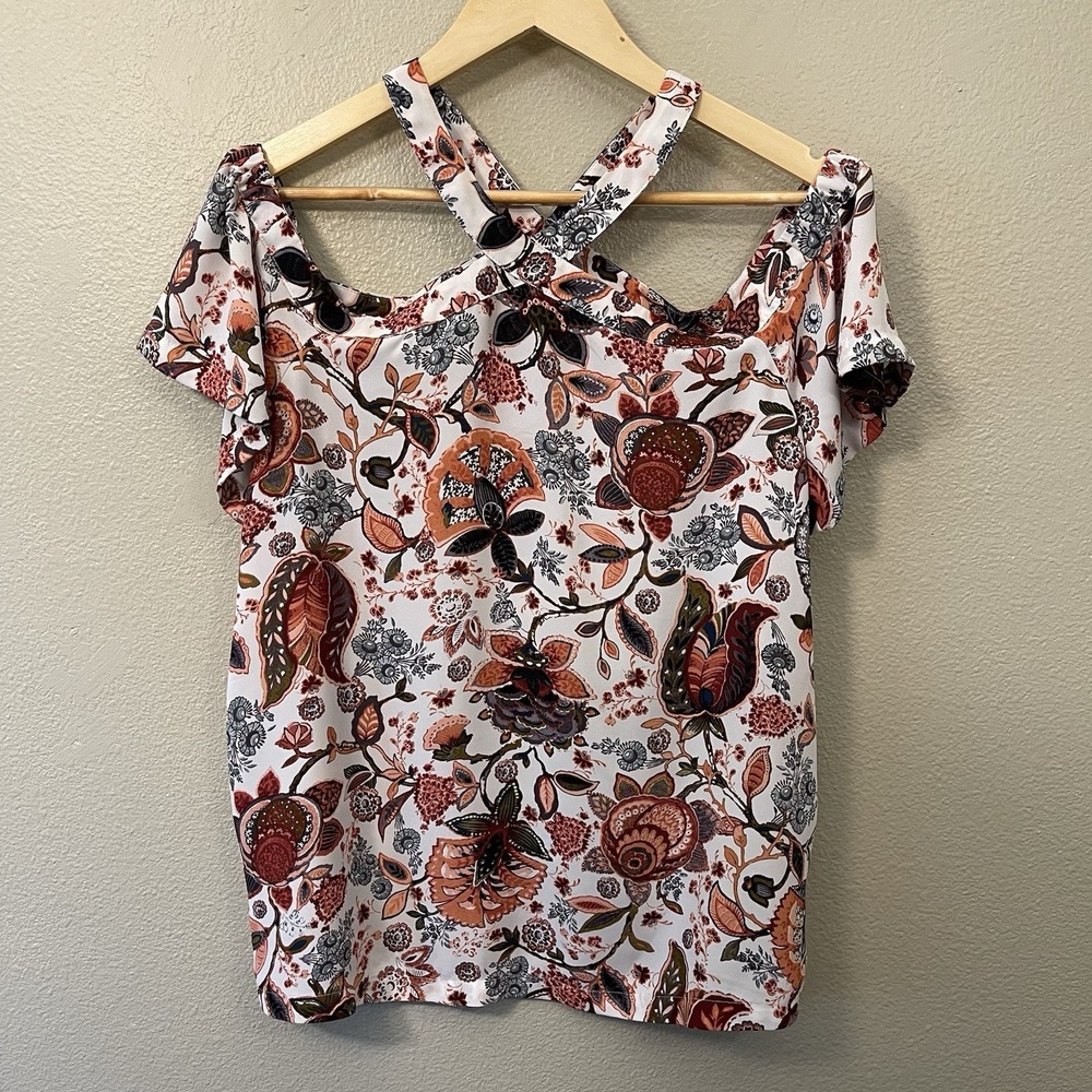 Loft Flowy Boho‎ Floral Top Cut Out Off Shoulder Sleeve Multicolor Fall Size M